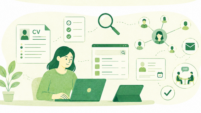 KI-Illustration einer Person die vor einem Laptop sitzt. Im Hintergrund schweben verschiedene Gegenstände wie eine Lupe, Dokumente und die Darstellung eines Netzwerks.
