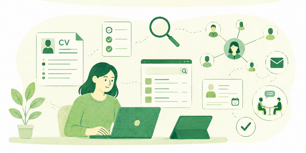 KI-Illustration einer Person die vor einem Laptop sitzt. Im Hintergrund schweben verschiedene Gegenstände wie eine Lupe, Dokumente und die Darstellung eines Netzwerks.
