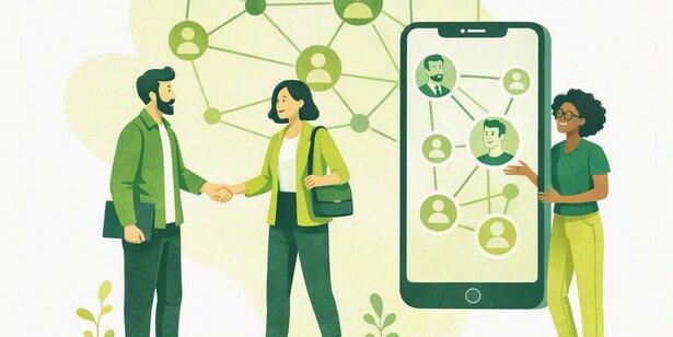 KI-Illustration mehrerer Personen beim Networking.