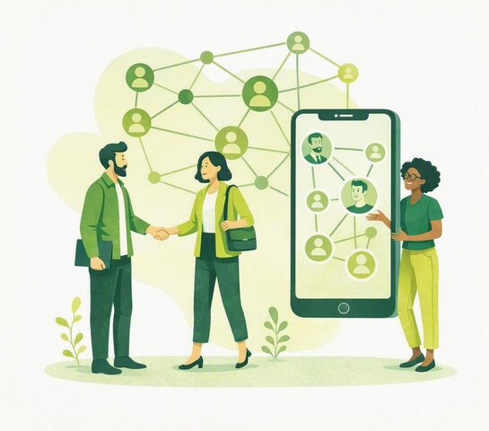 KI-Illustration mehrerer Personen beim Networking.